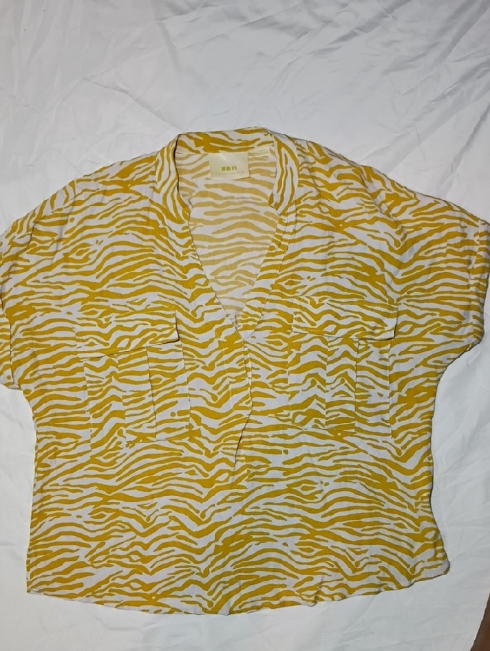 Maeve Yellow Zebra-Print Short Sleeve V-Neck Blouse